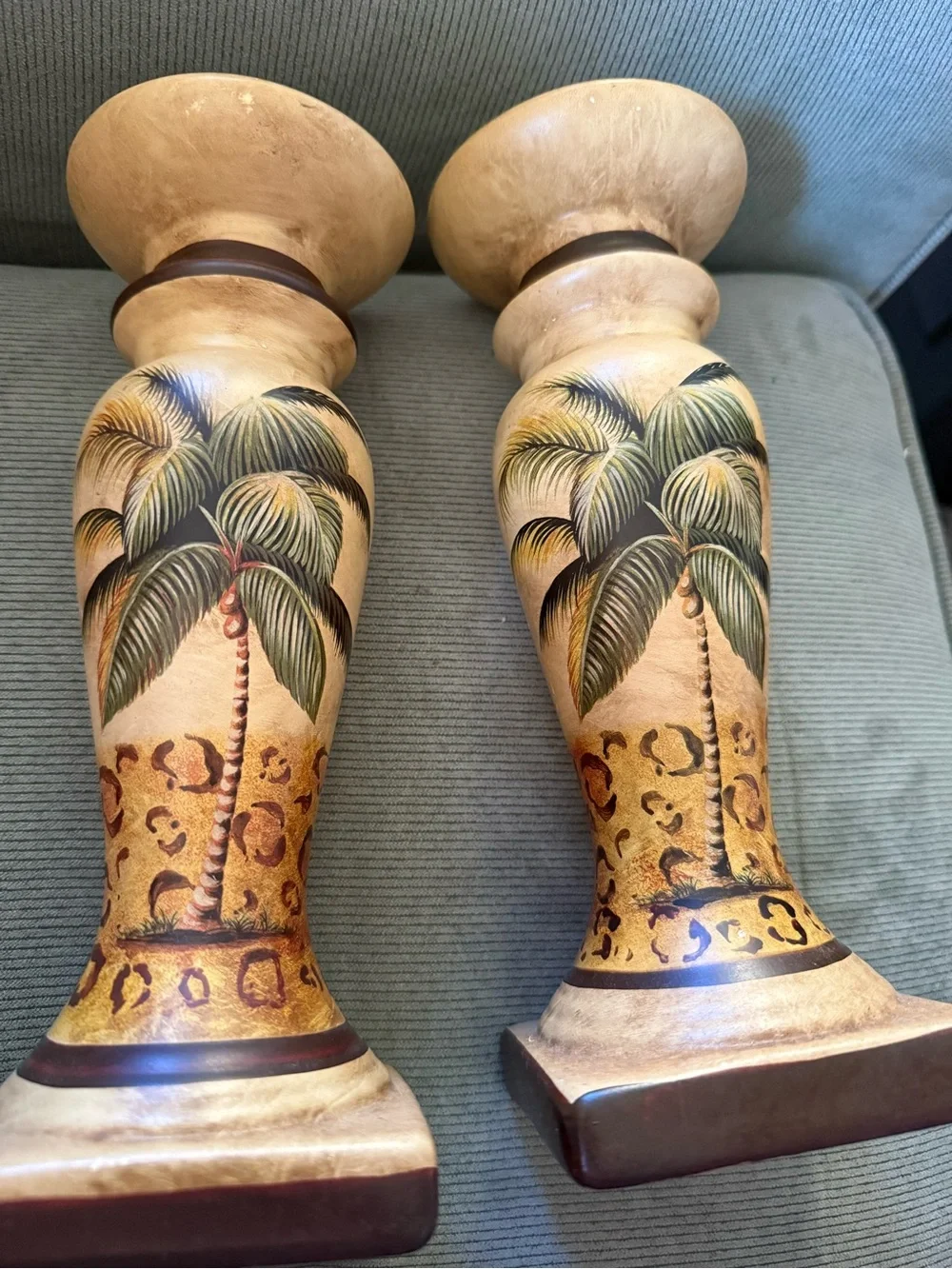 Decorative Palm Tree Candle Holders in Beige and Green 10”
